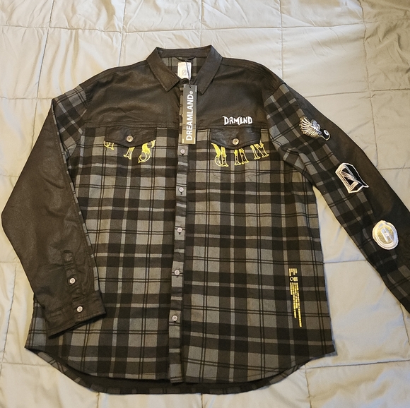 DREAMLAND WAR DUB PLAID/DENIM SHIRT BUTTON  BLACK/GRY PLAID SHACKET MENS 4XL NWT - Picture 8 of 15